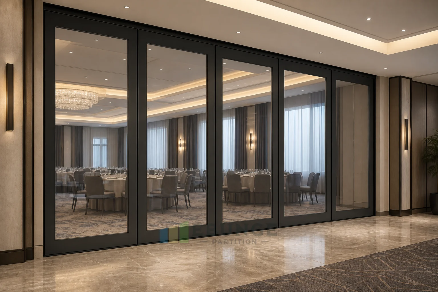 Fondo de presentación para centro de servicios cívicos en interiores con paredes de vidrio móviles — vista de aplicación de apertura, concepto explicativo de pared de vidrio móvil EBUNGE