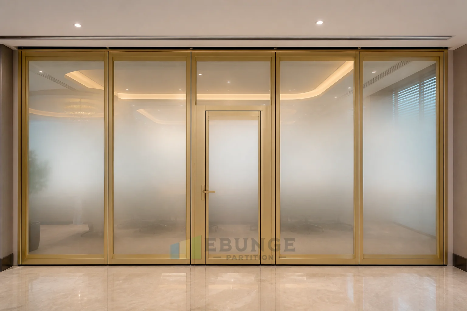 Zonificación de oficinas biofílicas con paredes de vidrio móviles — concepto explicativo de pared de vidrio móvil EBUNGE para aplicación interior alternativa