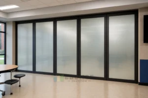Interfaz de riel para sala multiusos escolar en instalación de muro de vidrio móvil