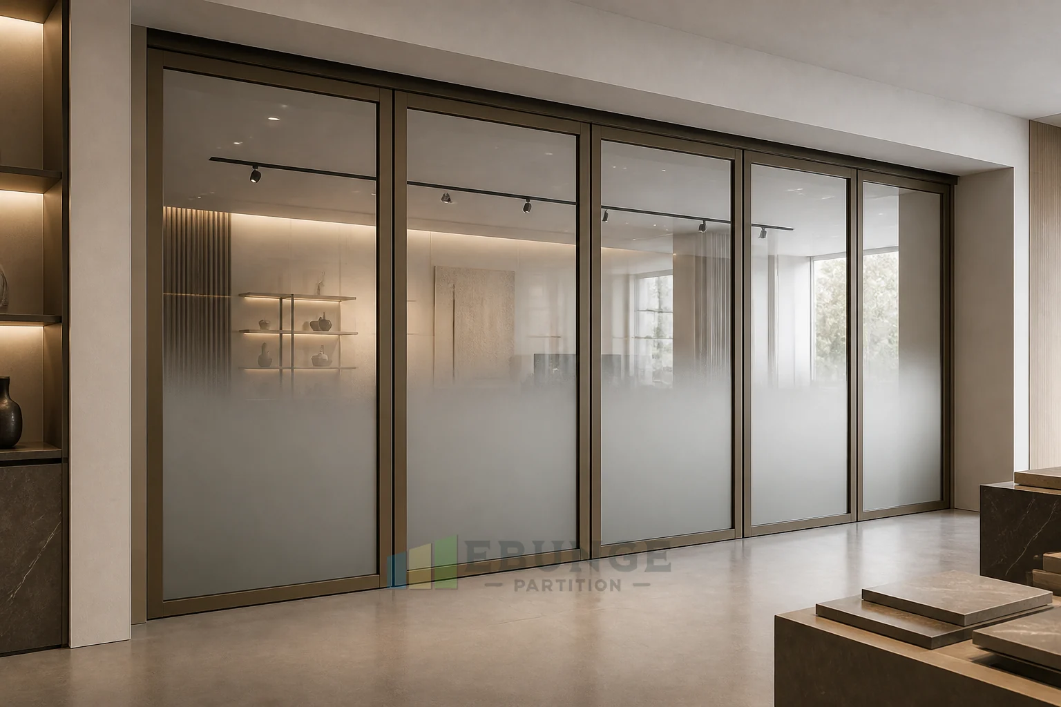 Fondo de presentación de un centro de servicios cívicos para interiores con paredes de vidrio móviles — detalle de aplicación comercial, concepto explicativo de pared de vidrio móvil EBUNGE
