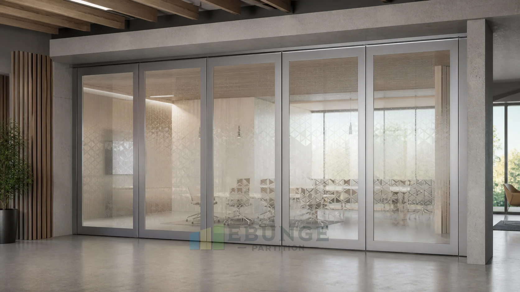 Dependencia del programa de planta de eventos de restaurante para la adquisición de pared de vidrio móvil — concepto explicativo de pared de vidrio móvil EBUNGE para aplicación interior alternativa