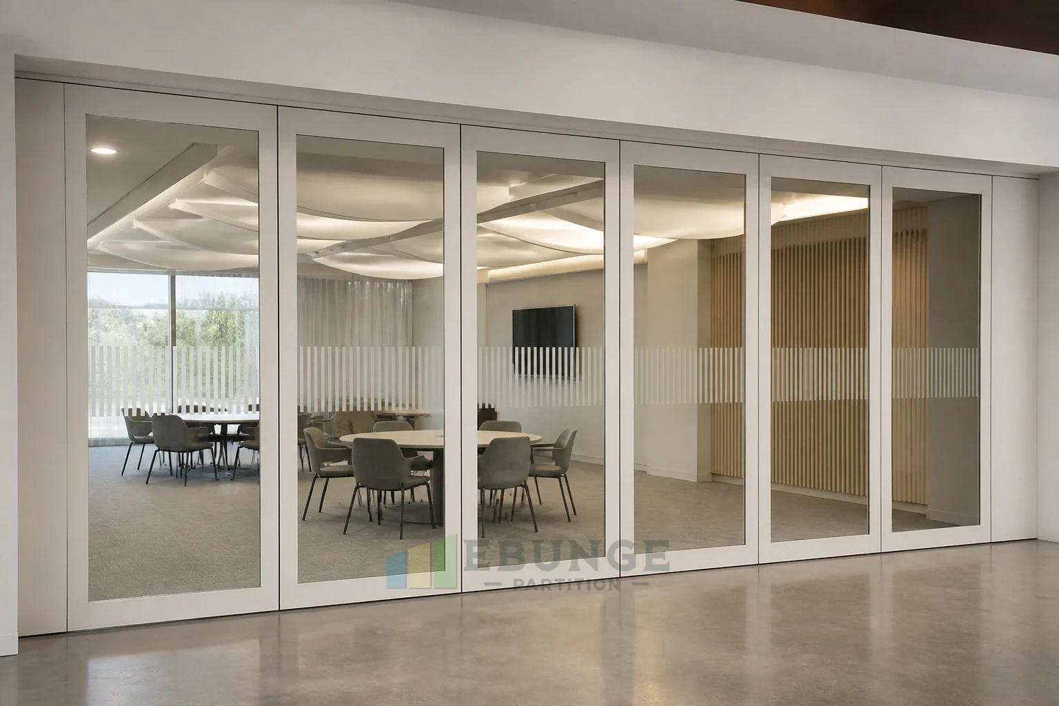 Levantamiento del sitio para salas de trabajo en grupo de convención en la instalación de paredes de vidrio móviles — vista de la aplicación de apertura, concepto explicativo de pared de vidrio móvil EBUNGE