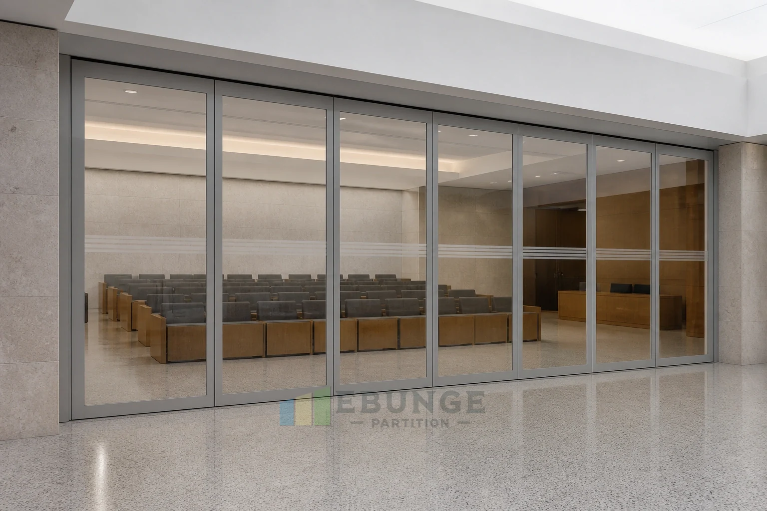 Planificación acústica de la sala de consulta cívica con paredes de vidrio móviles — vista de la aplicación de apertura, concepto explicativo de pared de vidrio móvil EBUNGE