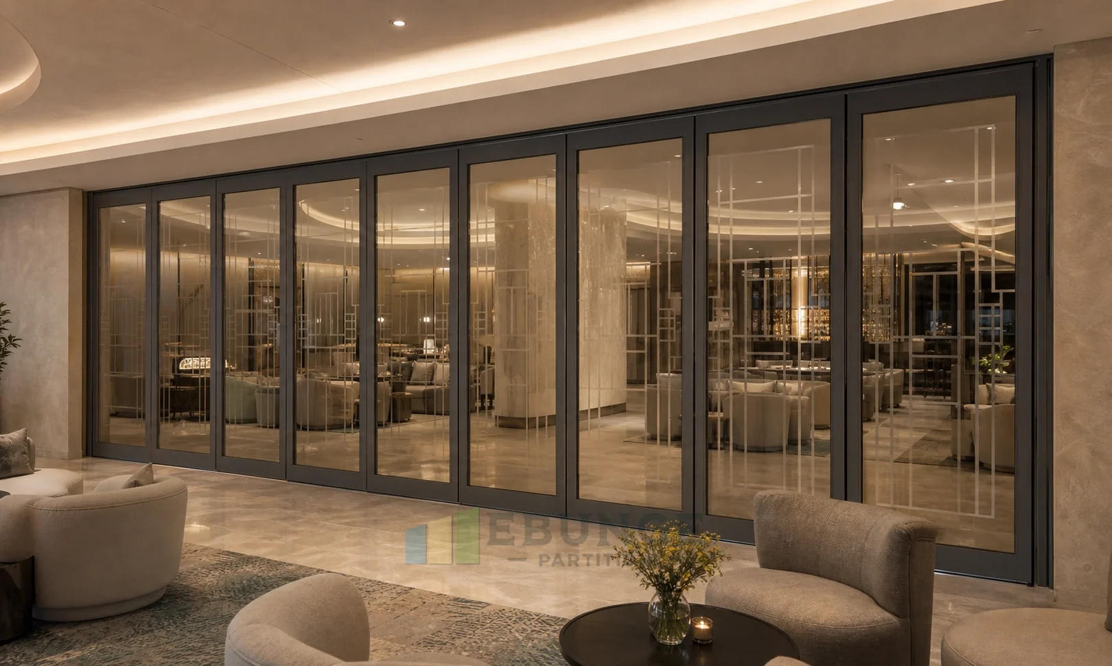 Paredes de vidrio móviles para salones de reuniones ejecutivas de hotel — detalle de aplicación comercial, concepto explicativo de pared de vidrio móvil EBUNGE