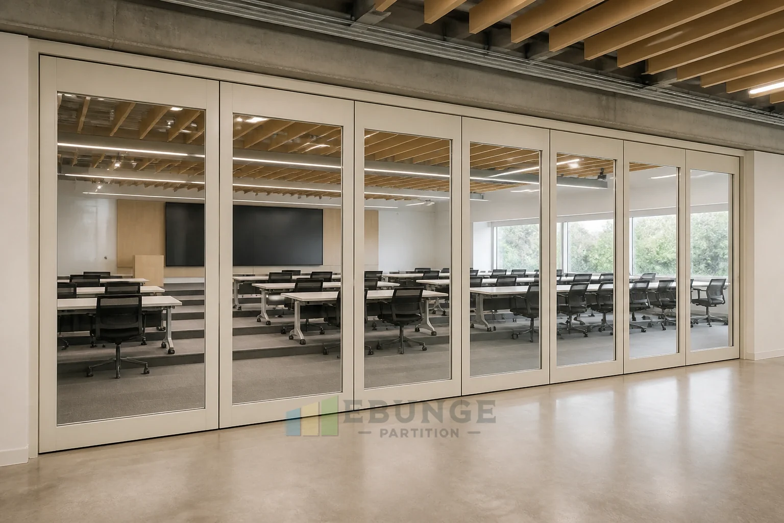 Board Meeting Acoustic Brief for Movable Glass Walls — concepto explicativo de pared de vidrio móvil EBUNGE para aplicación interior alternativa