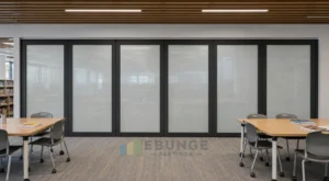 Planificación acústica de sala de eventos de biblioteca pública con paredes de vidrio móviles