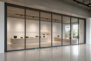 Planificación acústica de la sala para offsite de estrategia con paredes de vidrio móviles