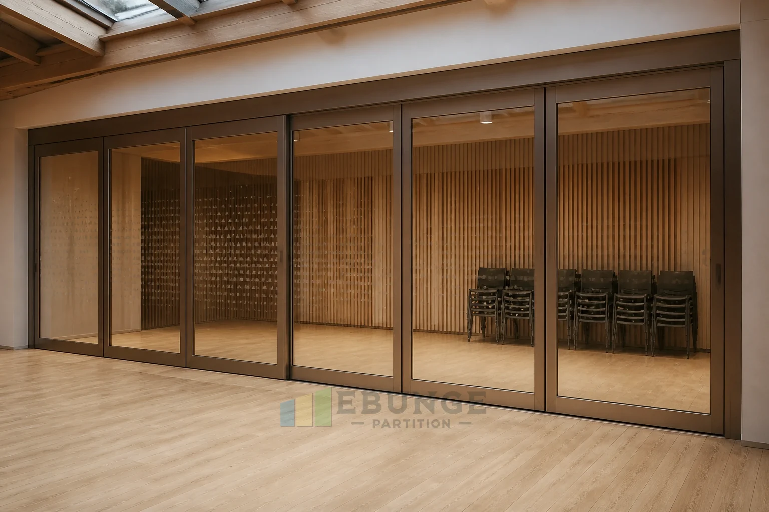 Acceso al techo del estudio de ensayo cultural en la instalación de pared de vidrio móvil — vista de aplicación de apertura, concepto explicativo de pared de vidrio móvil EBUNGE