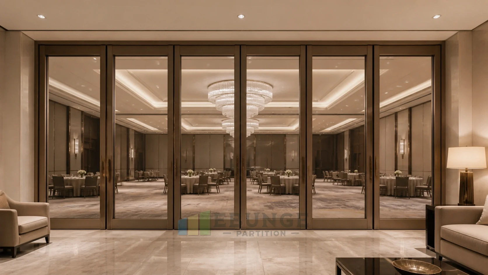 Paredes de vidrio móviles para vestíbulos de salones de hotel — vista de aplicación de apertura, concepto explicativo de pared de vidrio móvil EBUNGE