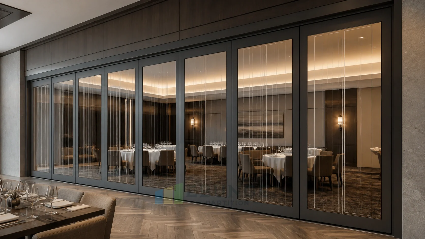 Paredes de vidrio móviles para suites de eventos de restaurante — vista de aplicación de apertura explicativa del concepto de pared de vidrio móvil EBUNGE
