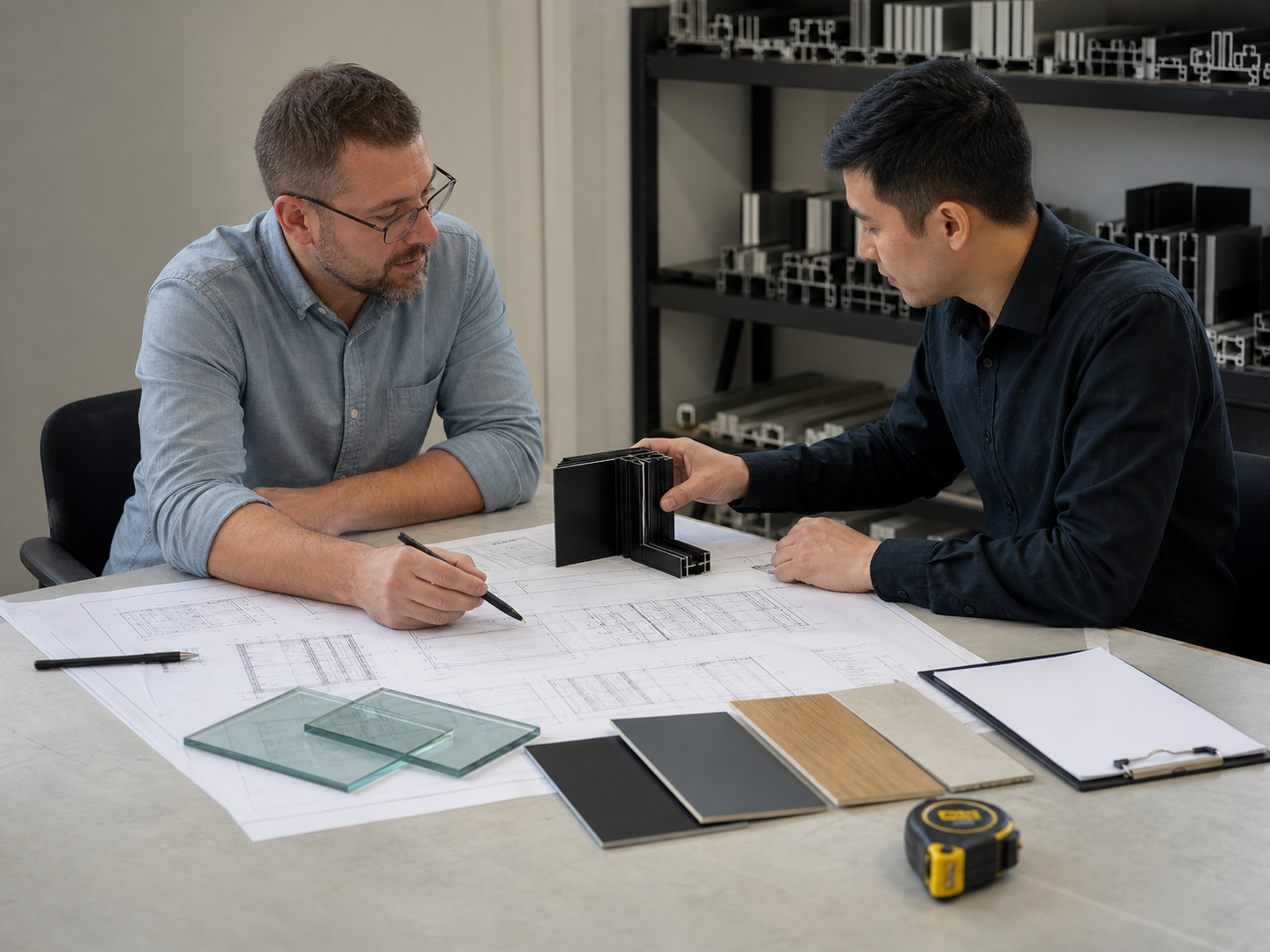 Illustrative review of drawings, glass and aluminum profile samples