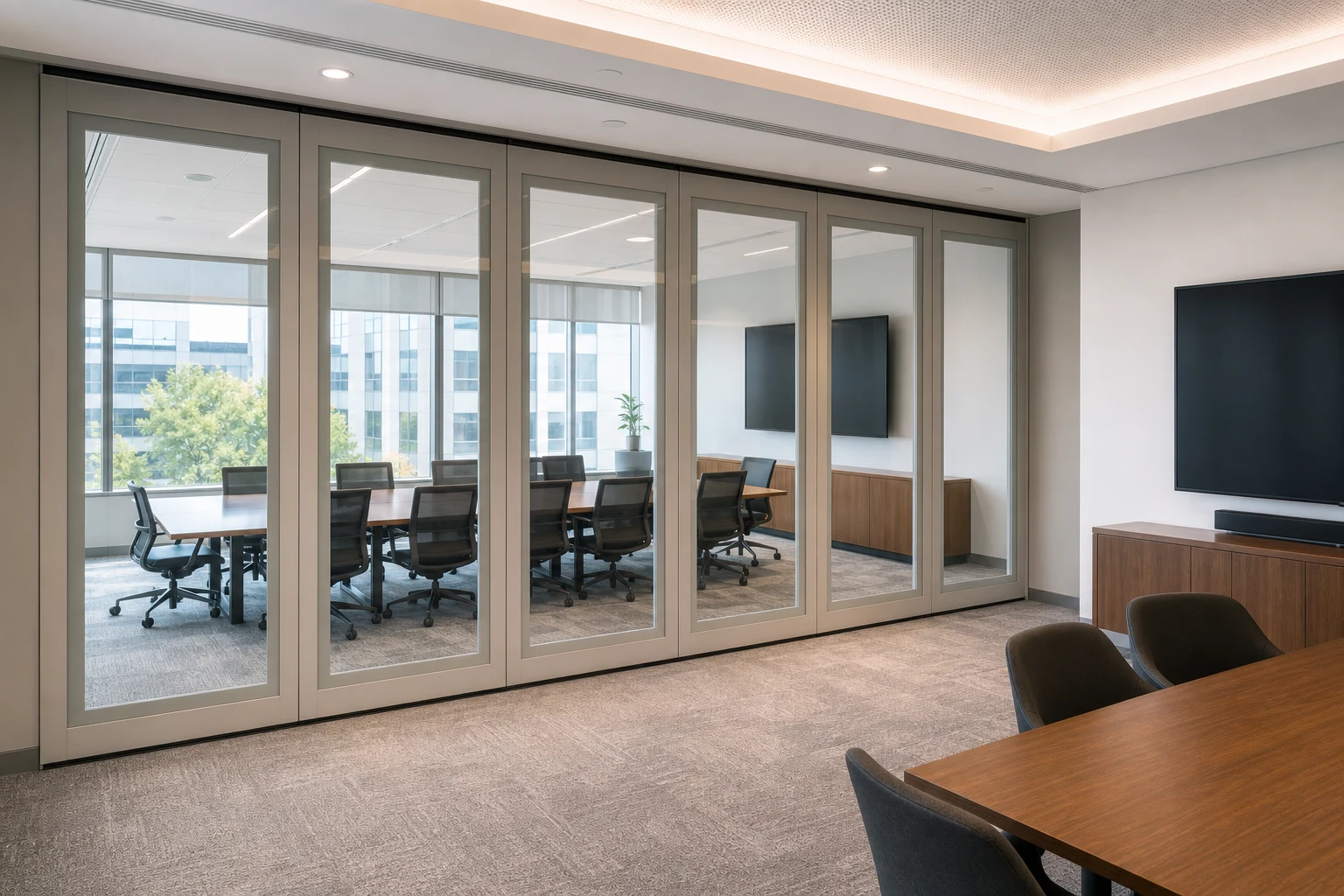 Cómo coordinar equipos de AV con una pared de vidrio móvil — vista explicativa de la aplicación con abertura, concepto de pared de vidrio móvil EBUNGE