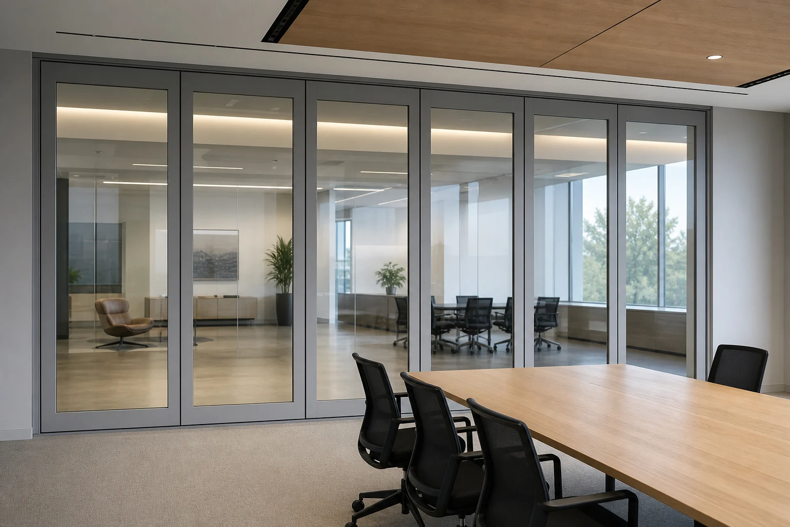 Paredes de vidrio móviles cerca de pantallas y displays digitales — vista explicativa de la aplicación de apertura, concepto de pared de vidrio móvil EBUNGE