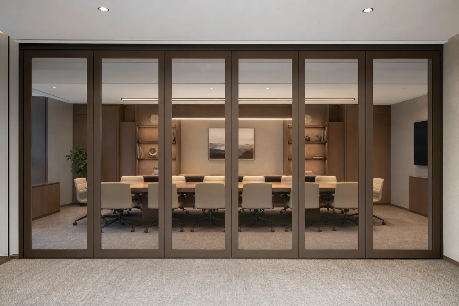 Corporate Headquarters Floor and Perimeter Review with Movable Glass Walls — concepto explicativo de pared de vidrio móvil EBUNGE para aplicación interior alternativa
