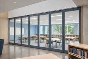 Planificación de muros de vidrio móviles para un espacio común de aprendizaje en una biblioteca
