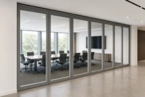 ¿Cuándo debe incluir una puerta de paso una pared de vidrio móvil?