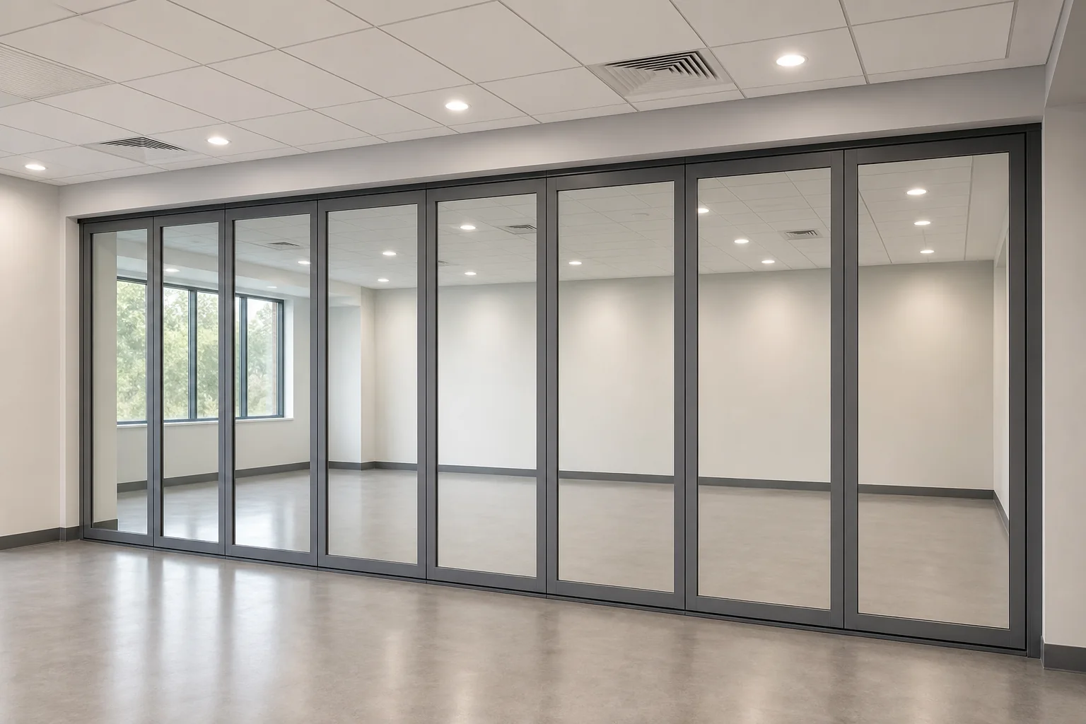 Paredes de vidrio móviles para salas multiuso de la suite de apoyo de terminal aeroportuaria — vista de la aplicación de apertura, concepto explicativo de pared de vidrio móvil EBUNGE