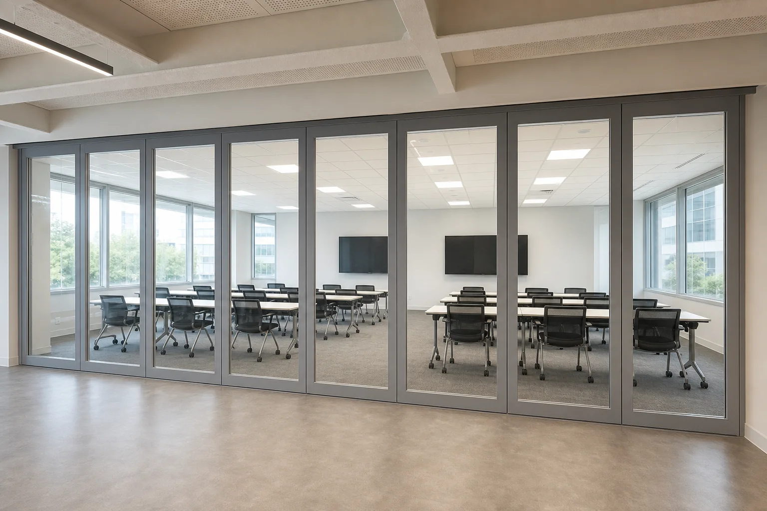 Ficha acústica de aulas divisibles para paredes de vidrio móviles — vista de aplicación de apertura explicativa del concepto de pared de vidrio móvil EBUNGE
