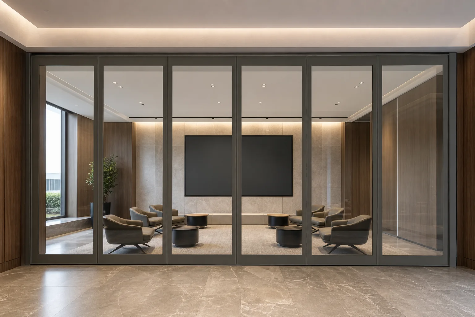 Paletas de bordes en tono arenisca para interiores con paredes de vidrio móviles — vista de aplicación de apertura, concepto explicativo de pared de vidrio móvil EBUNGE