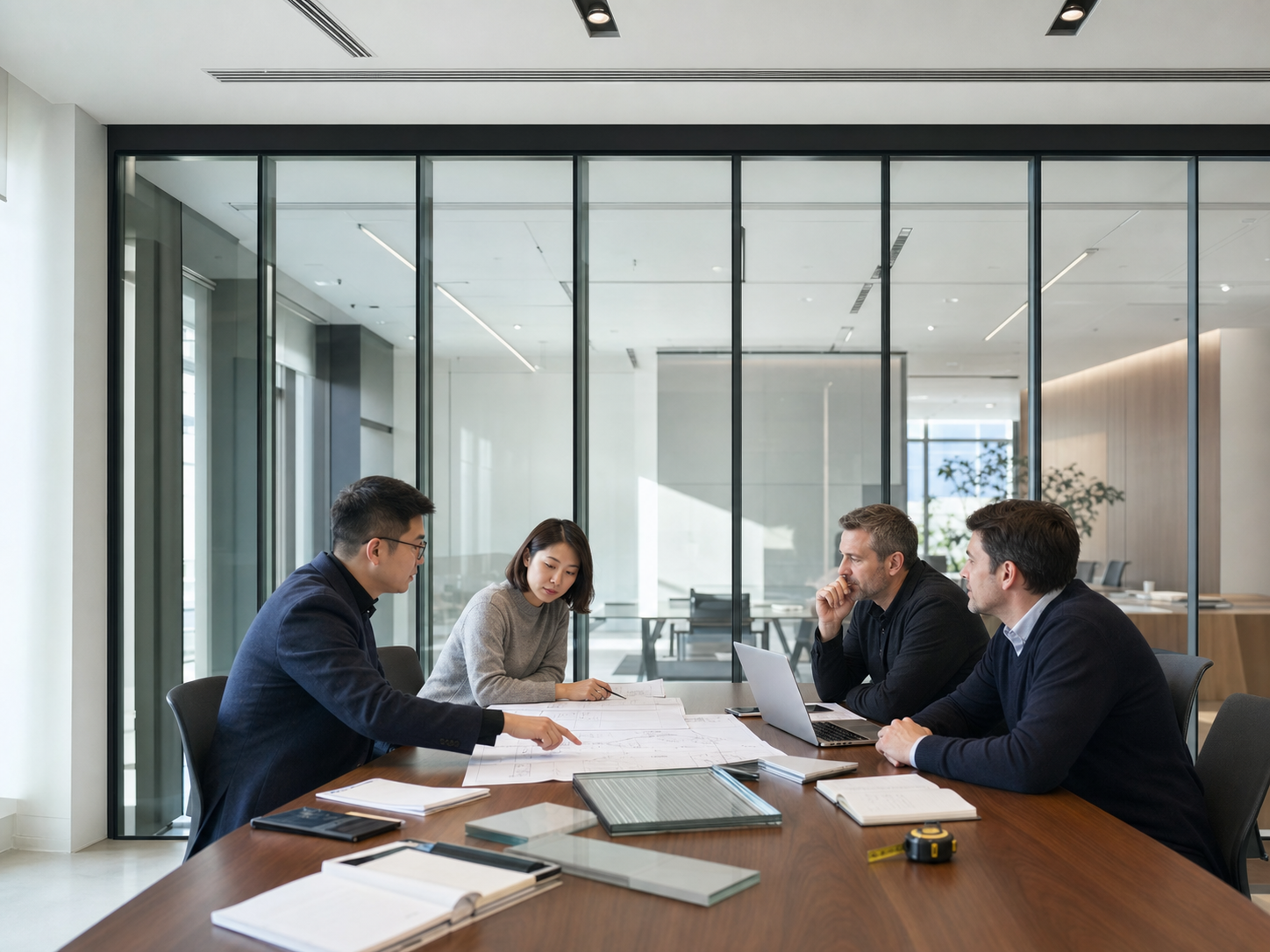 Illustrative project review meeting for movable glass partition planning