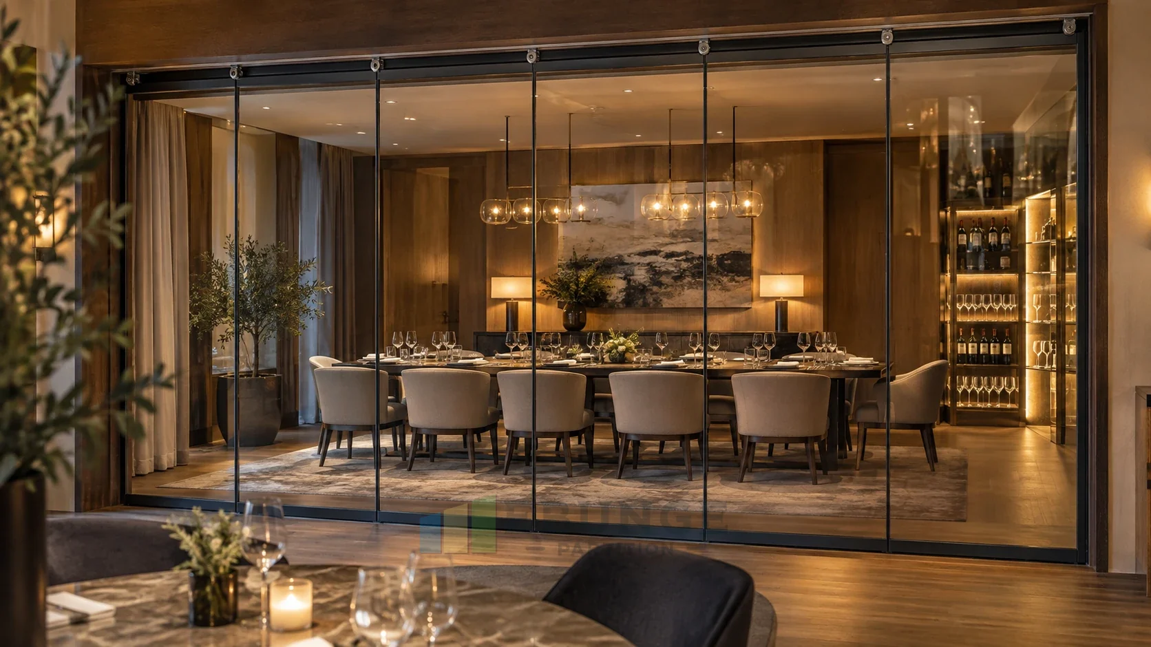 EBUNGE top-hung framed movable glass partition enclosing a refined private dining suite
